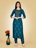 Jyoti Fashion Women's Teal Viscose Rayon Embroidered Kurta Pant Set