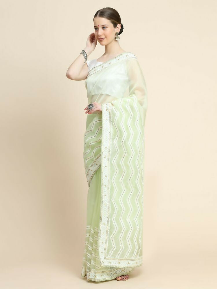Vamsee Banno Lehriya Pista Green Organza Saree