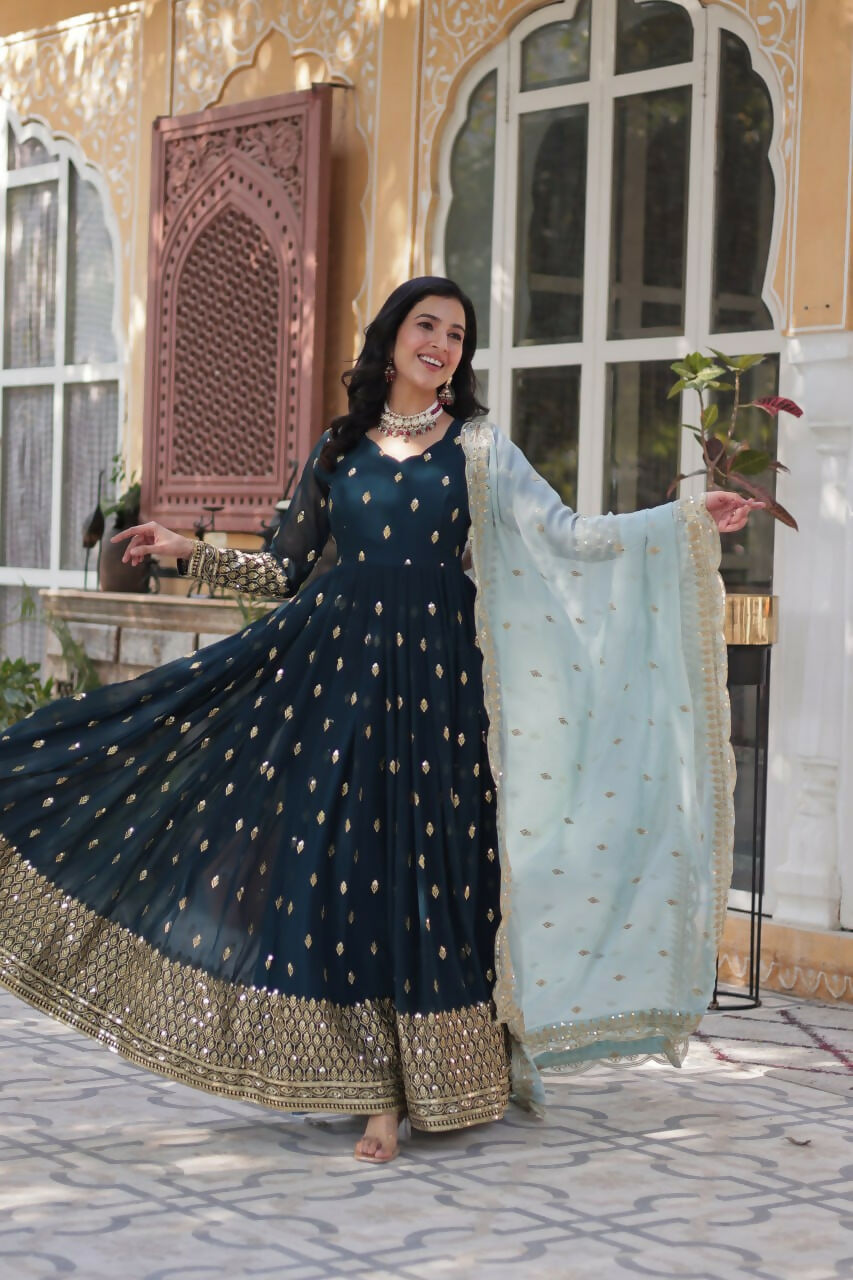 Vastranavya Premium Designer Faux Blooming with Embroidery Zari Sequins work Gown - Teal
