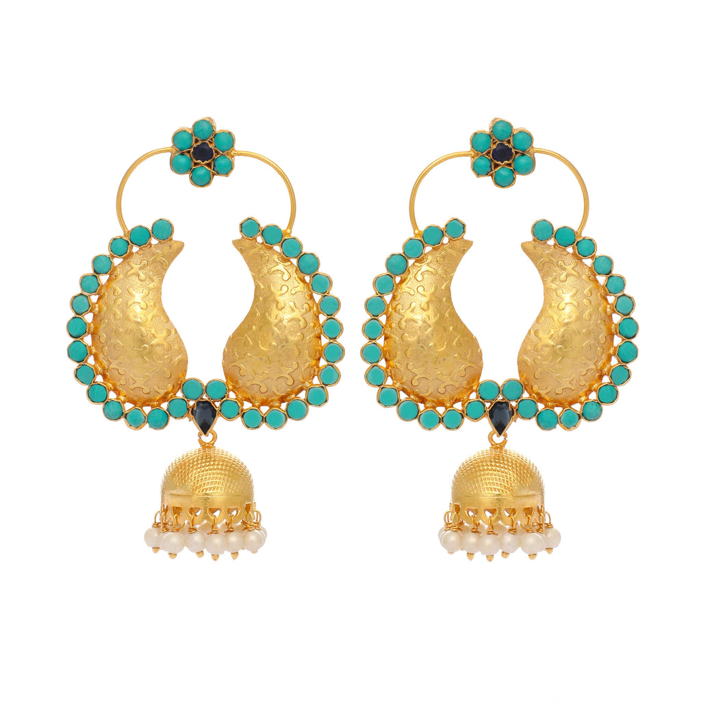 Nuyug 22K Gold Plated Turquoise Stone Studded Contemporary Mini Jhumki Dangler Earrings