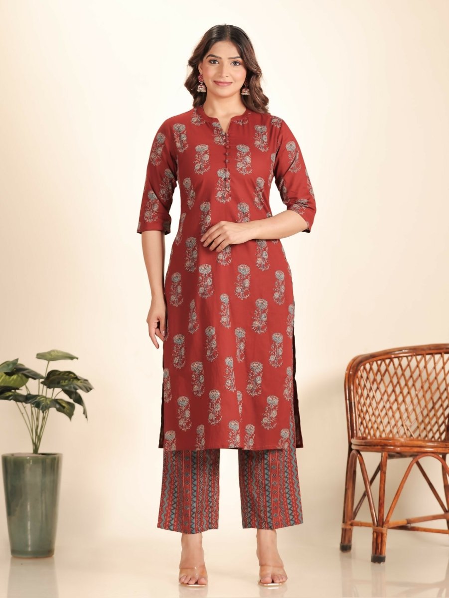 Aramya Maroon Soft Cotton Floral Print Straight Kurta Set for Women