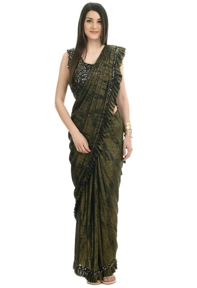 Mominos Fashion All Season Wear Olive Green And Black Ruffled Ready To Wear Saree
