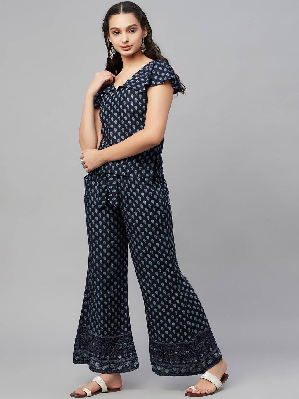 Myshka Women Blue Printed Top Palazzo Set