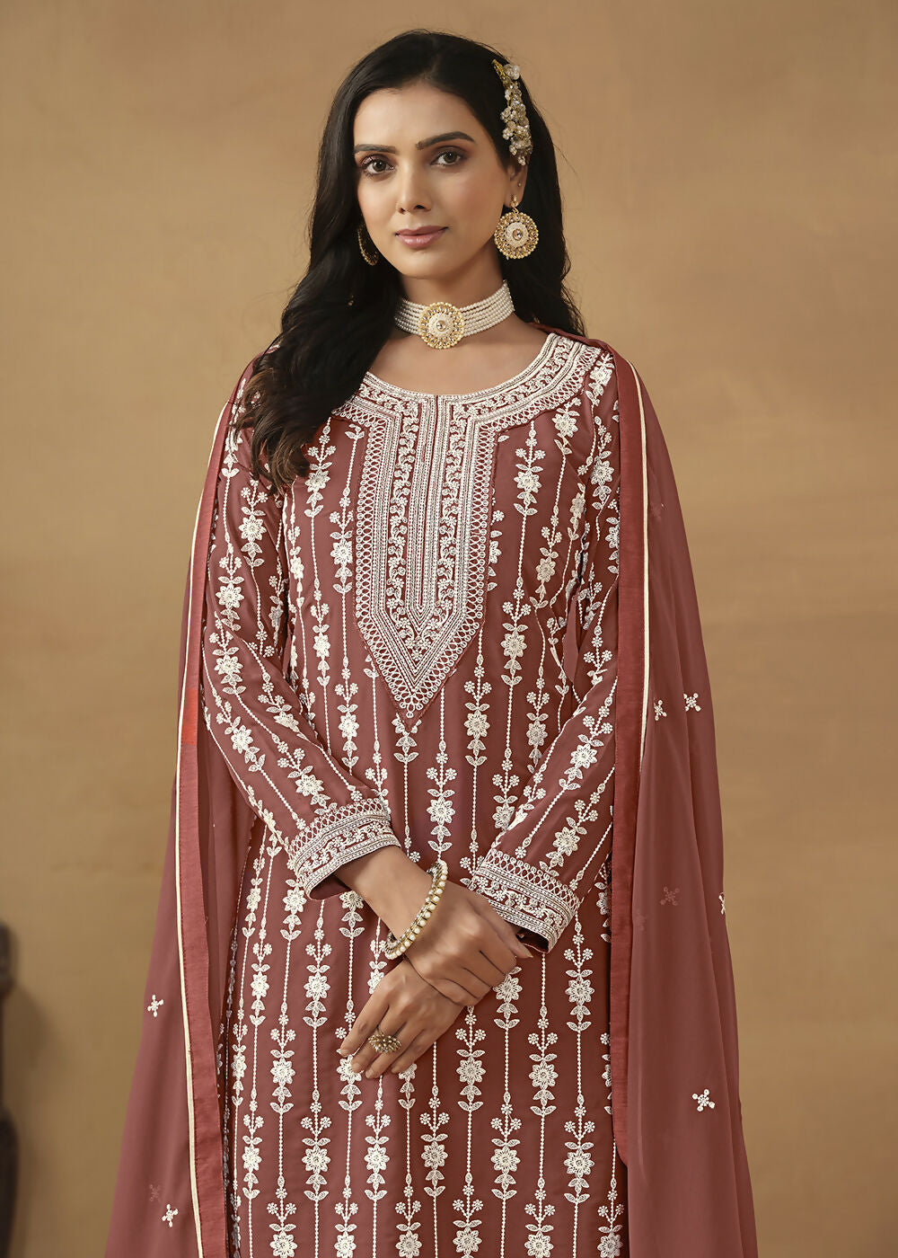 Radiant Brown Embroidered Wedding Festive Gharara Suit - Emponline