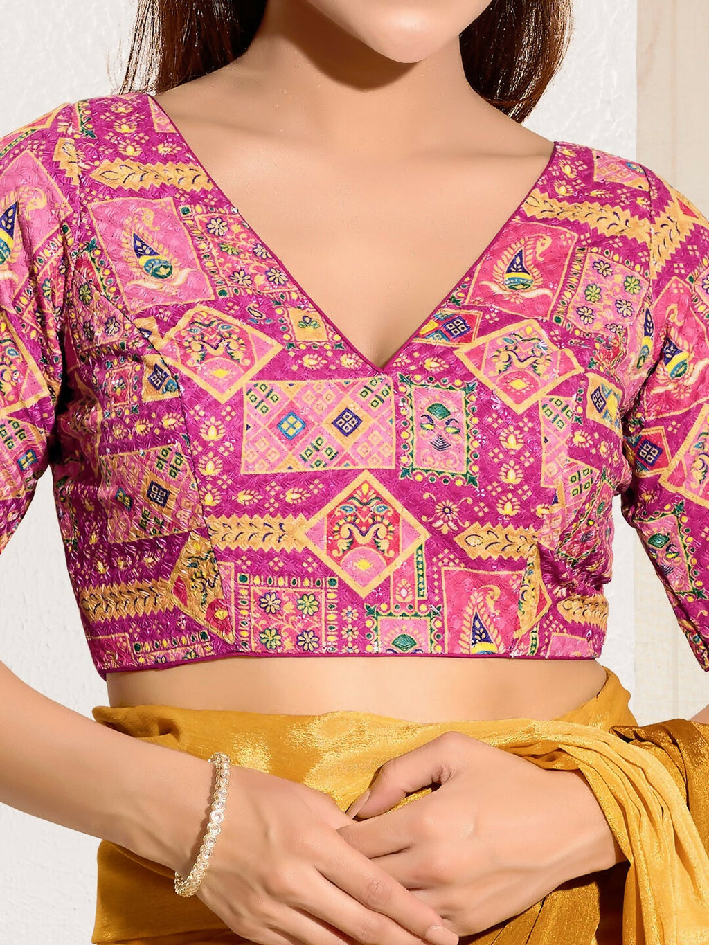 Joban Fashion Pink Viscose Rayon Padded Blouse With V Neck Elbow Sleeves