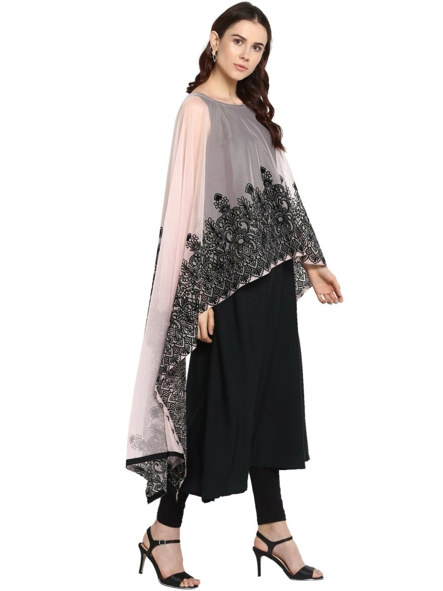Ahalyaa Women's Beautiful Black Crepe Printed Kurta with Attached Dupatta