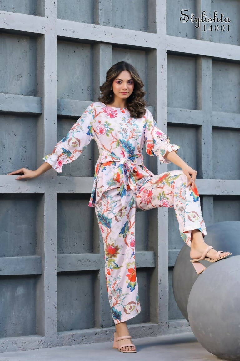 Women's Partywear Designer White & Multi Muslin co-ord set - Stylishta