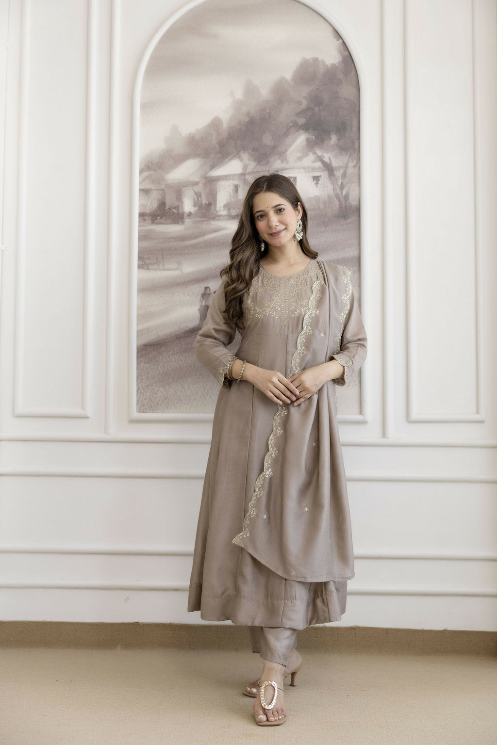 The52 Chiku Women's Beautiful Vichitra Silk Fabric Embroidered Work Flared Anarkali Pant and Dupatta Set