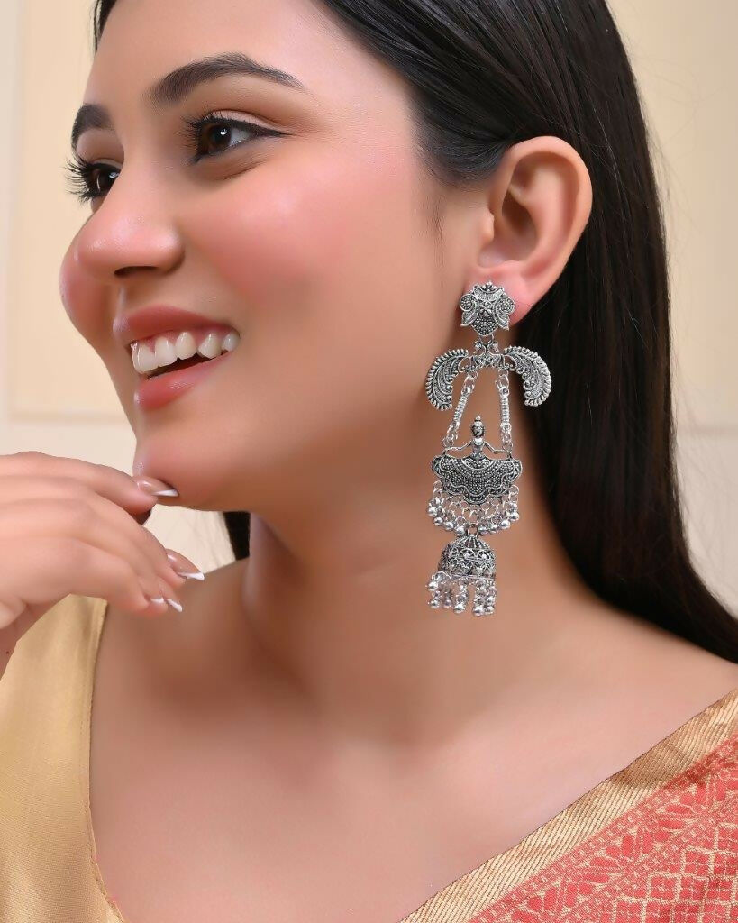 VOJ Silver Plated Oxidized Dancing Drop Earrings