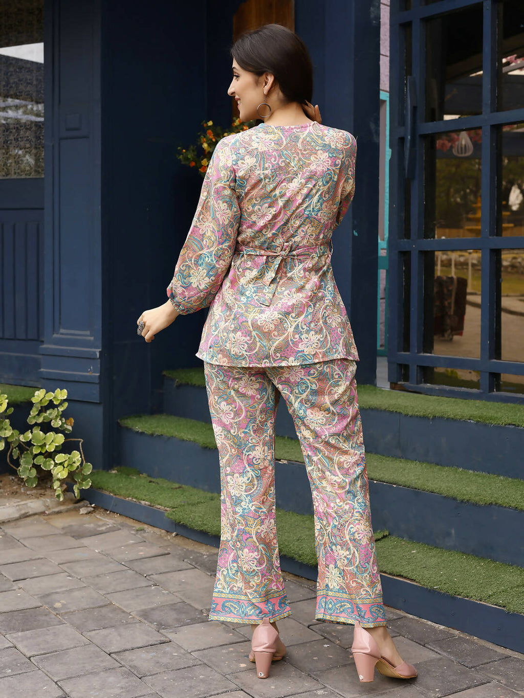 Pink Rayon Paisley & Floral Printed Top with Matching Bottom - Eesha