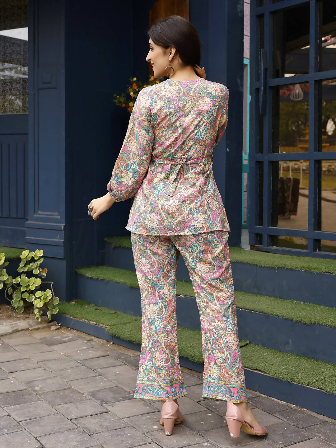 Pink Rayon Paisley & Floral Printed Top with Matching Bottom - Eesha