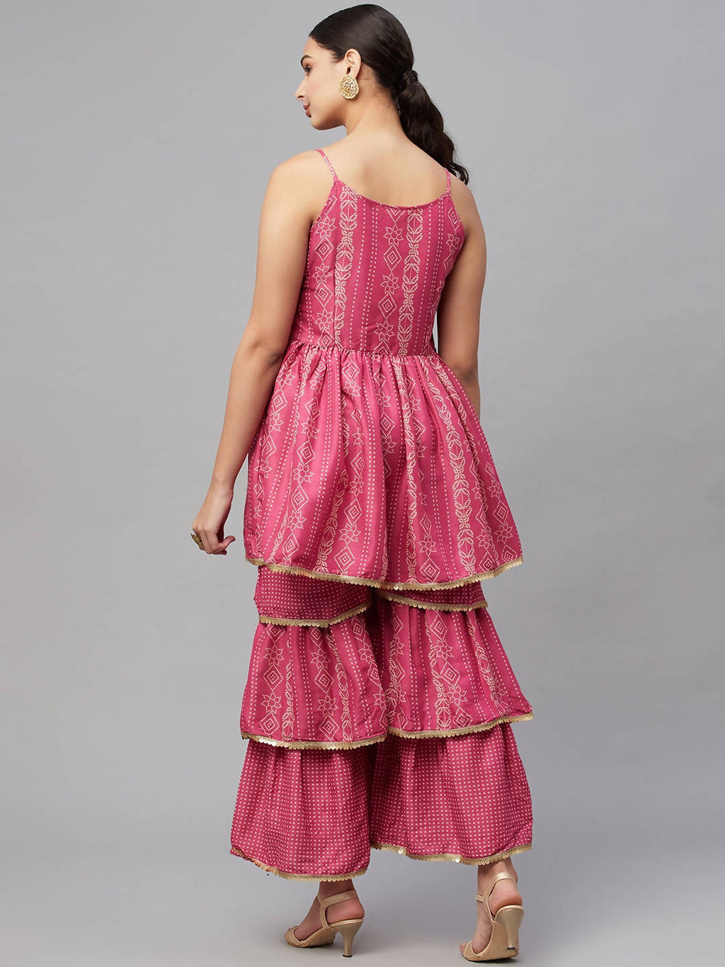 Myshka Pink Printed Sleeveless V Kurti Sharara Set