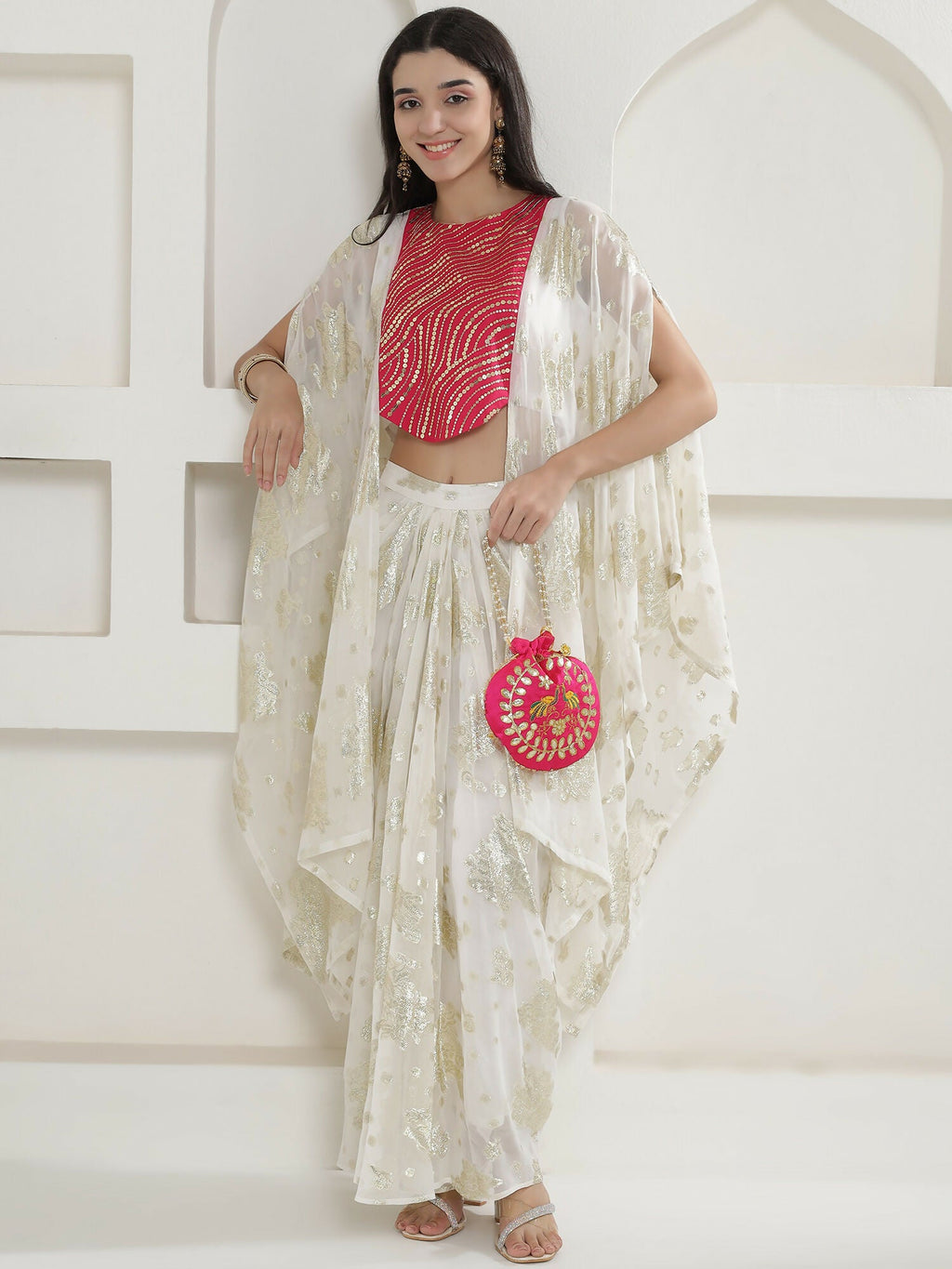 Joban Fashion White & Pink Kaftaan With Skirt