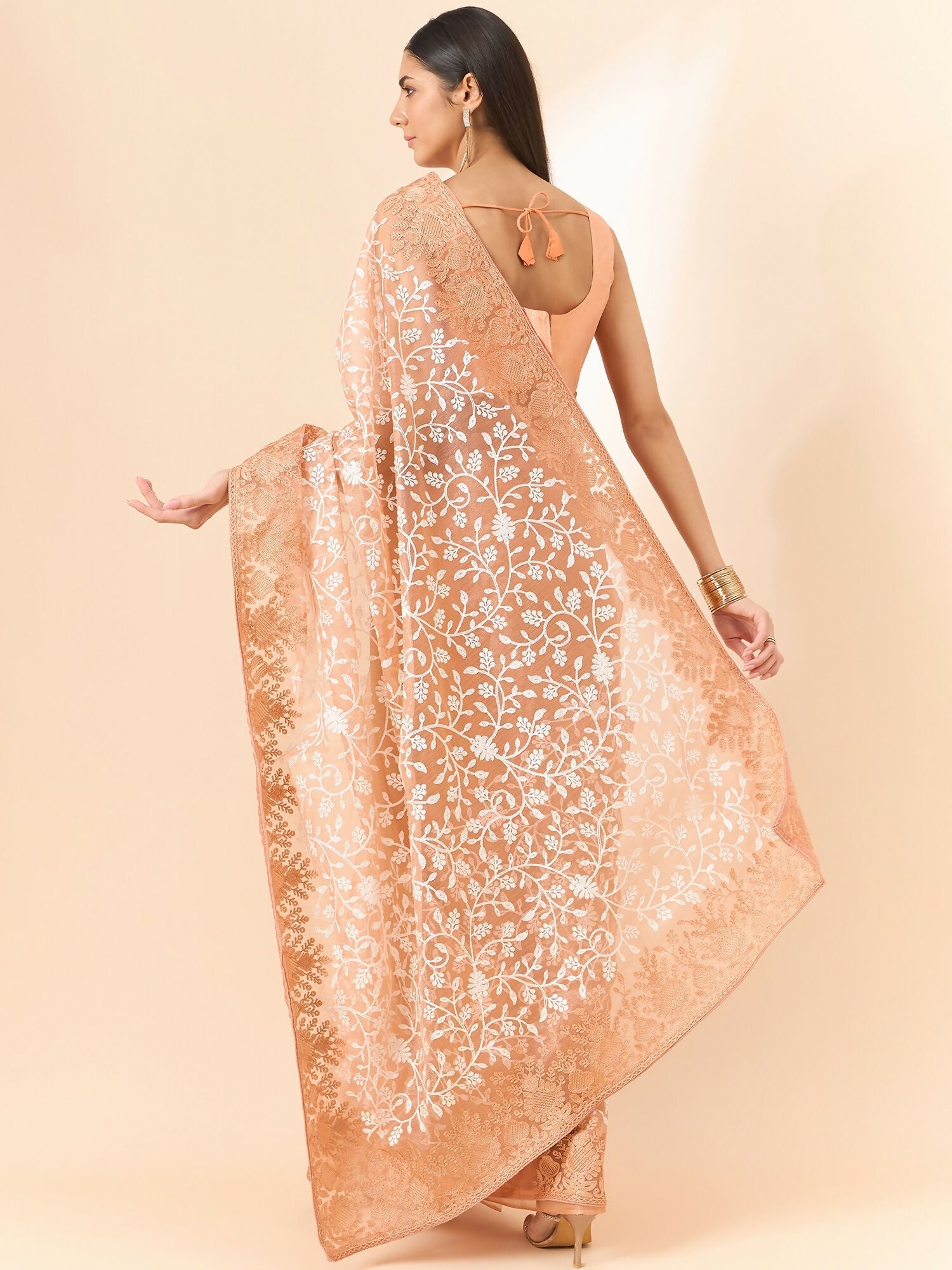 Peach Organza Floral Embroidered Saree with Unstitched Blouse Piece - Roozal