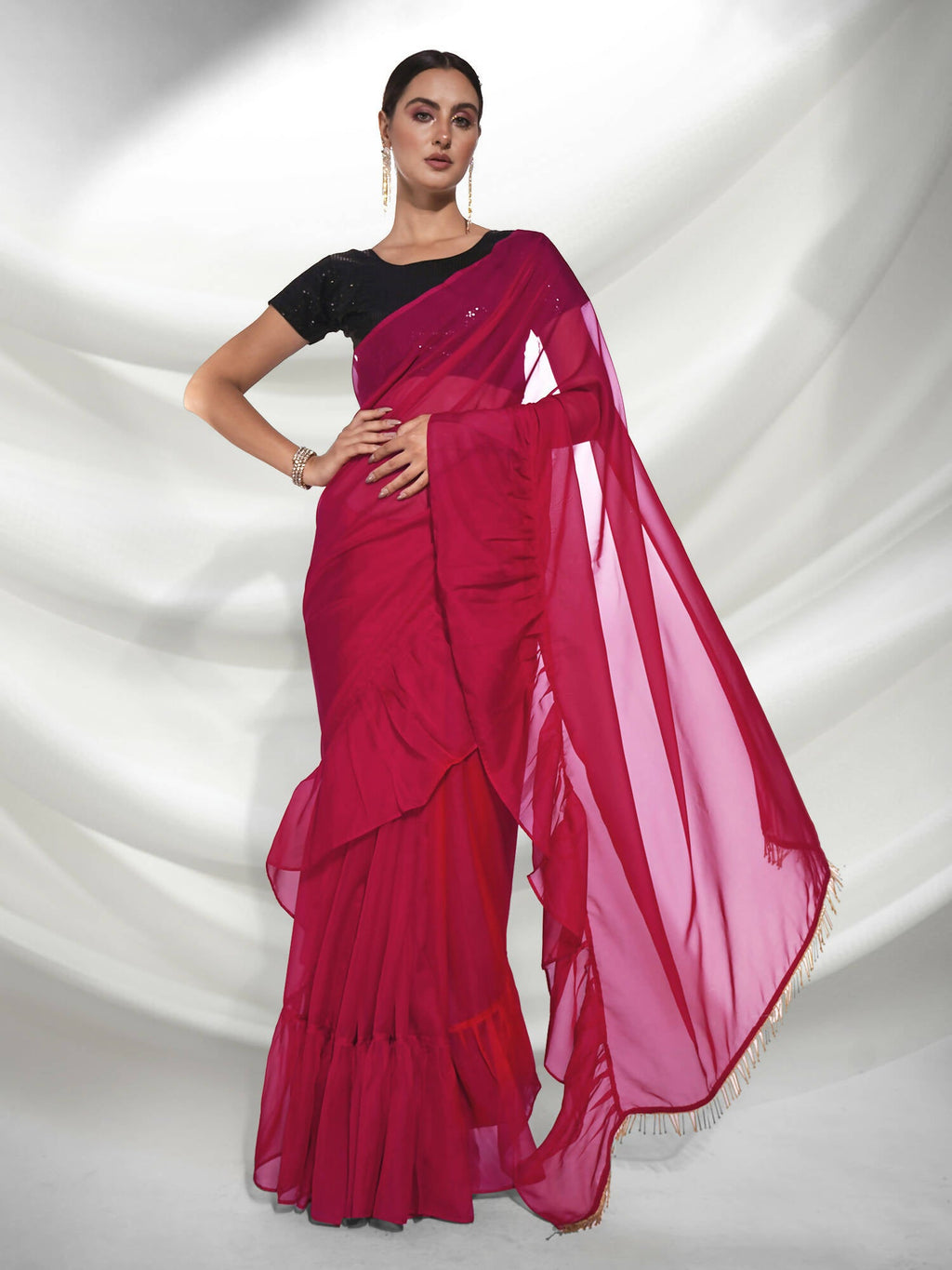 Pink Organza Solid Saree With Unstitched Blouse Piece - Shanaya