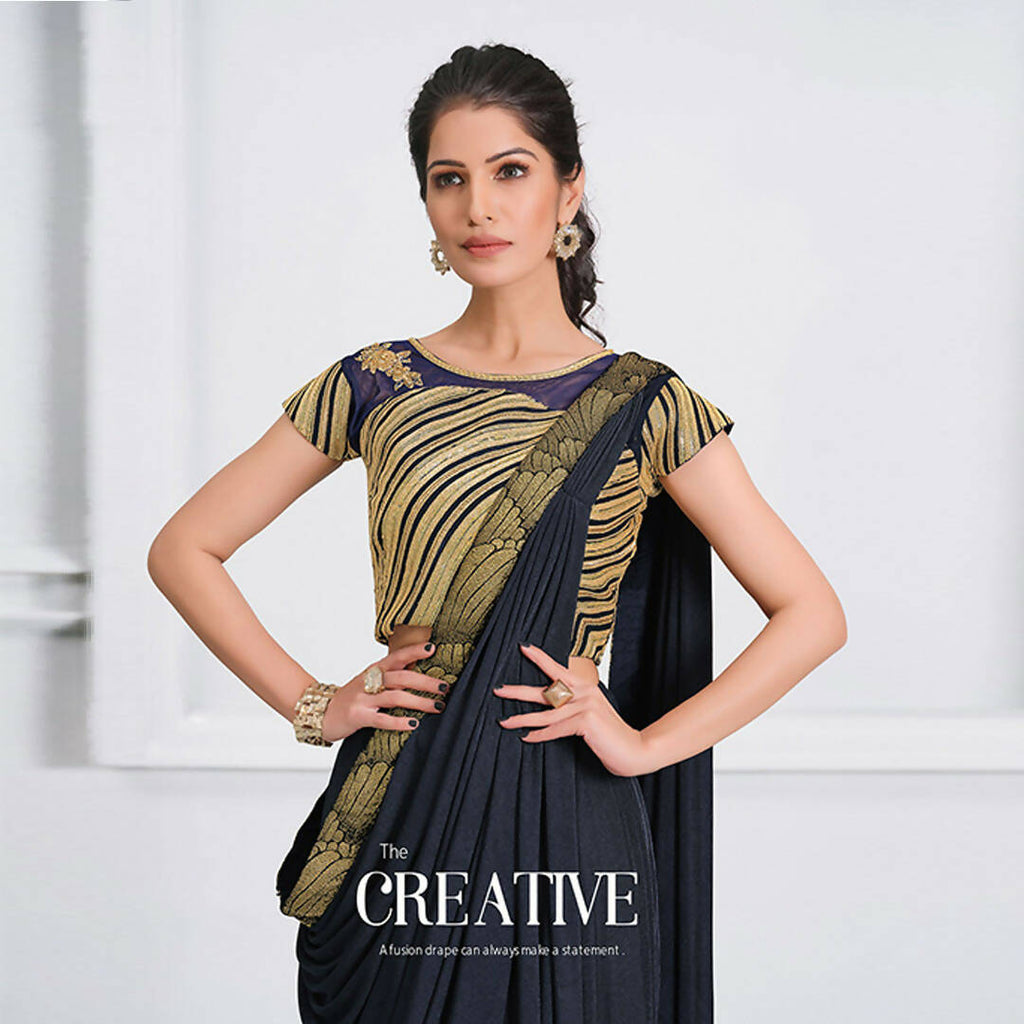 Navy Blue Lycra Cord And Sequins Embriodery Saree - Mohmanthan Izzara