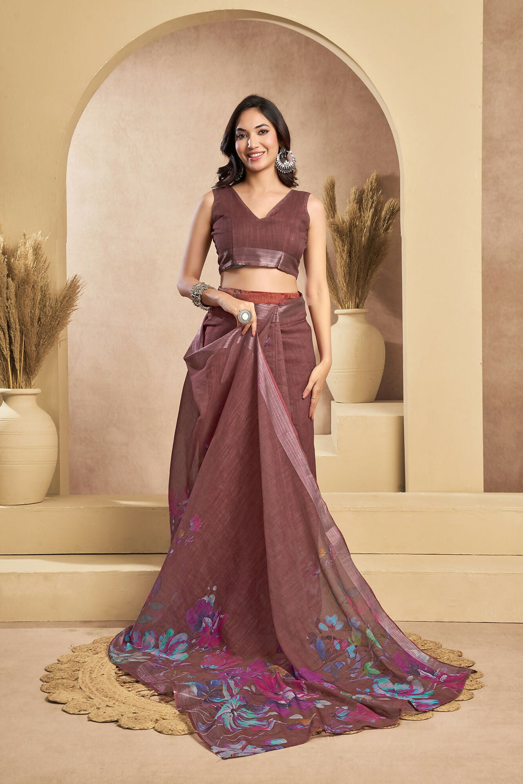 Vastranavya Coffee Digital Printed Linen Ready To Wear Designer Saree with Unstitched Blouse