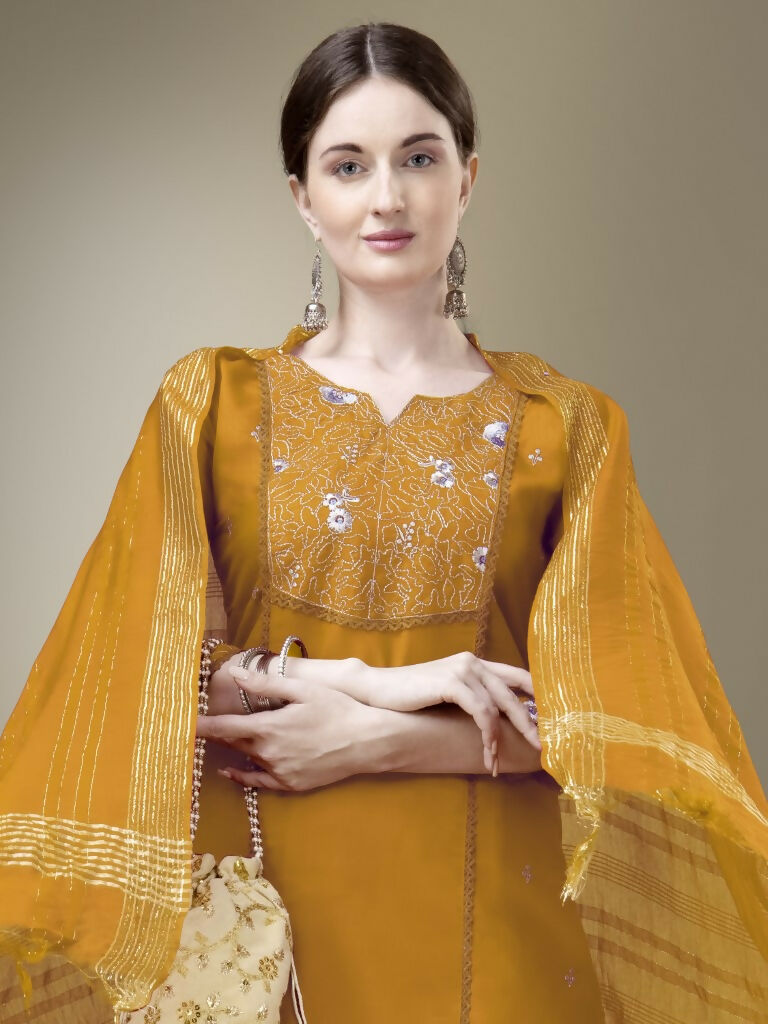 Jyoti Fashion Women's Yellow Cotton Blend Embroidery & Fancy Lace work Kurta with Trouser & Dupatta