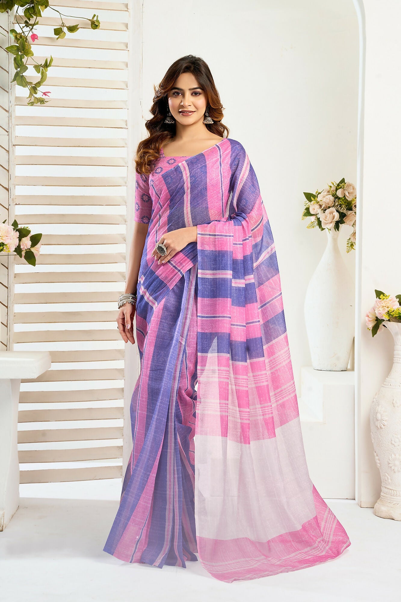 Vastranavya Pink Blue Digital Printed Linen Ready To Wear Designer Saree with Unstitched Blouse
