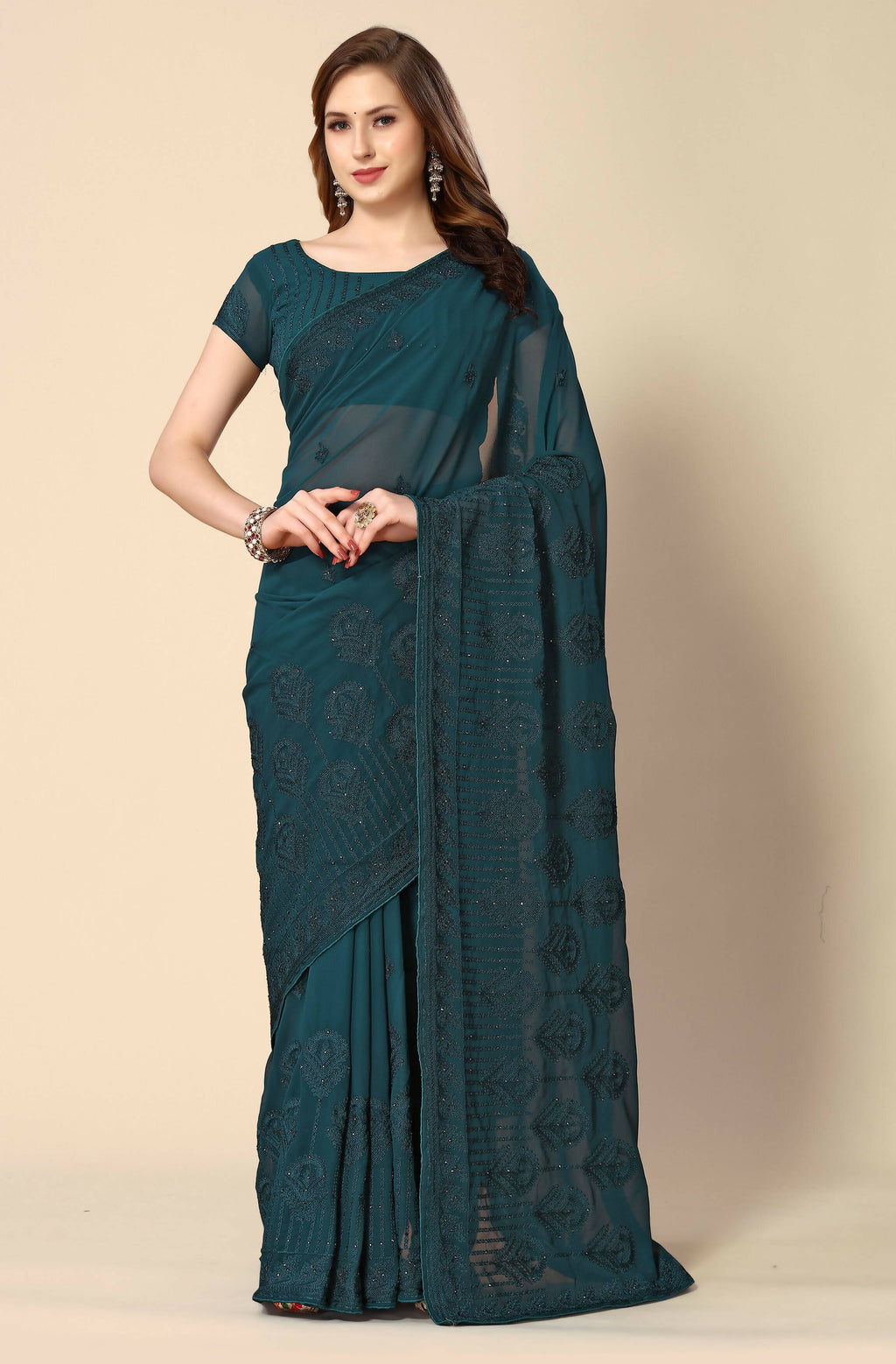 Teal Georgette Embroidered and Stone Work Saree with Unstitched Blouse Piece - Roozal