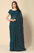 Teal Georgette Embroidered and Stone Work Saree with Unstitched Blouse Piece - Roozal