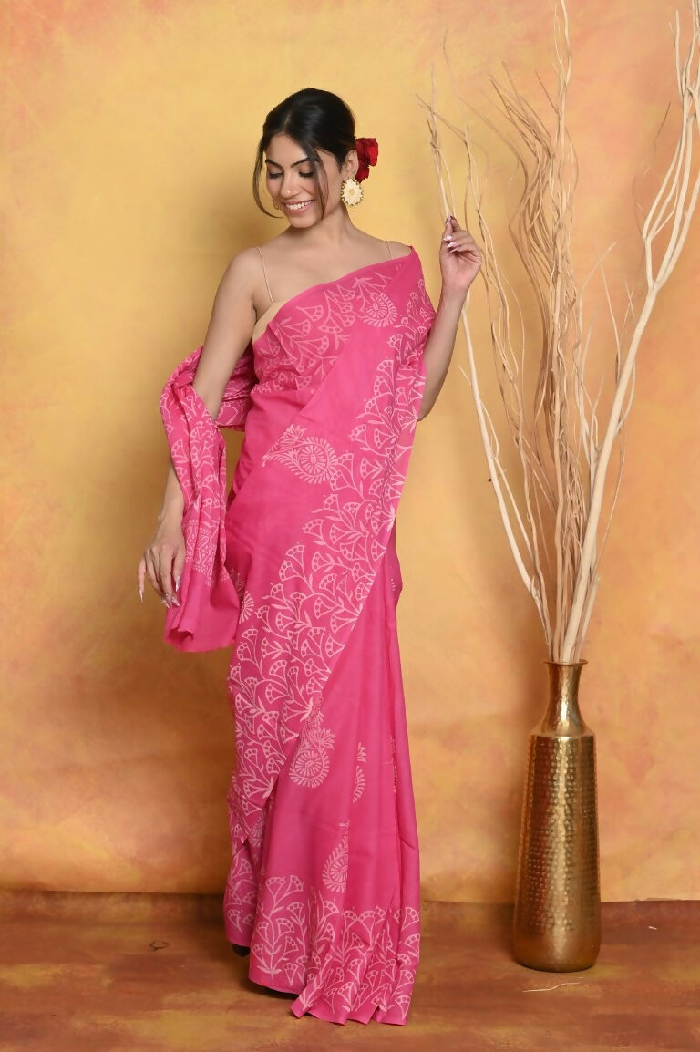 Very Much Indian Handblock Printed Cotton Saree With Natural Dyes - Pink