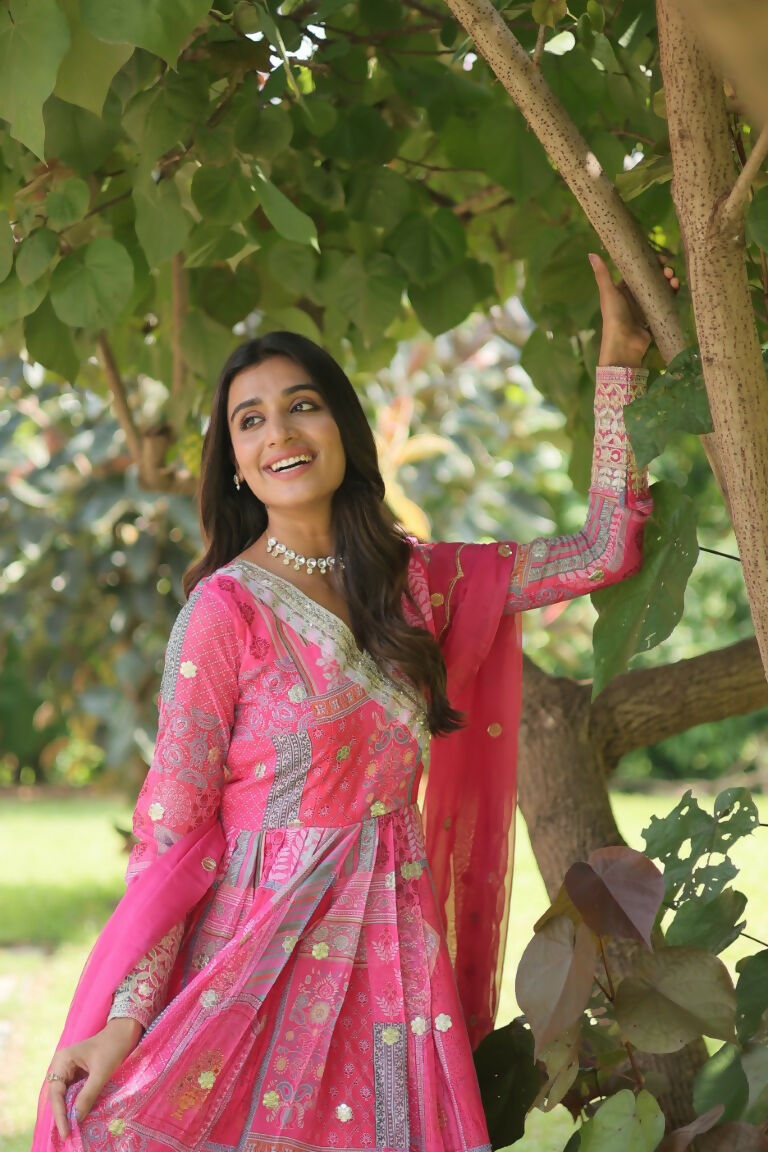 Jyoti Fashion Women's Pink Russian Silk Digital Print with Embroidered Anarkali Dress with Dupatta
