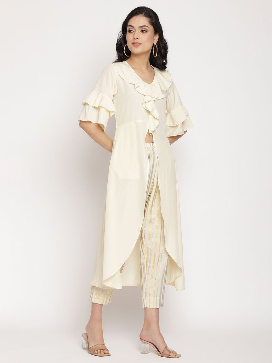 Ahalyaa Women Off White Layered Kurta With Trousers