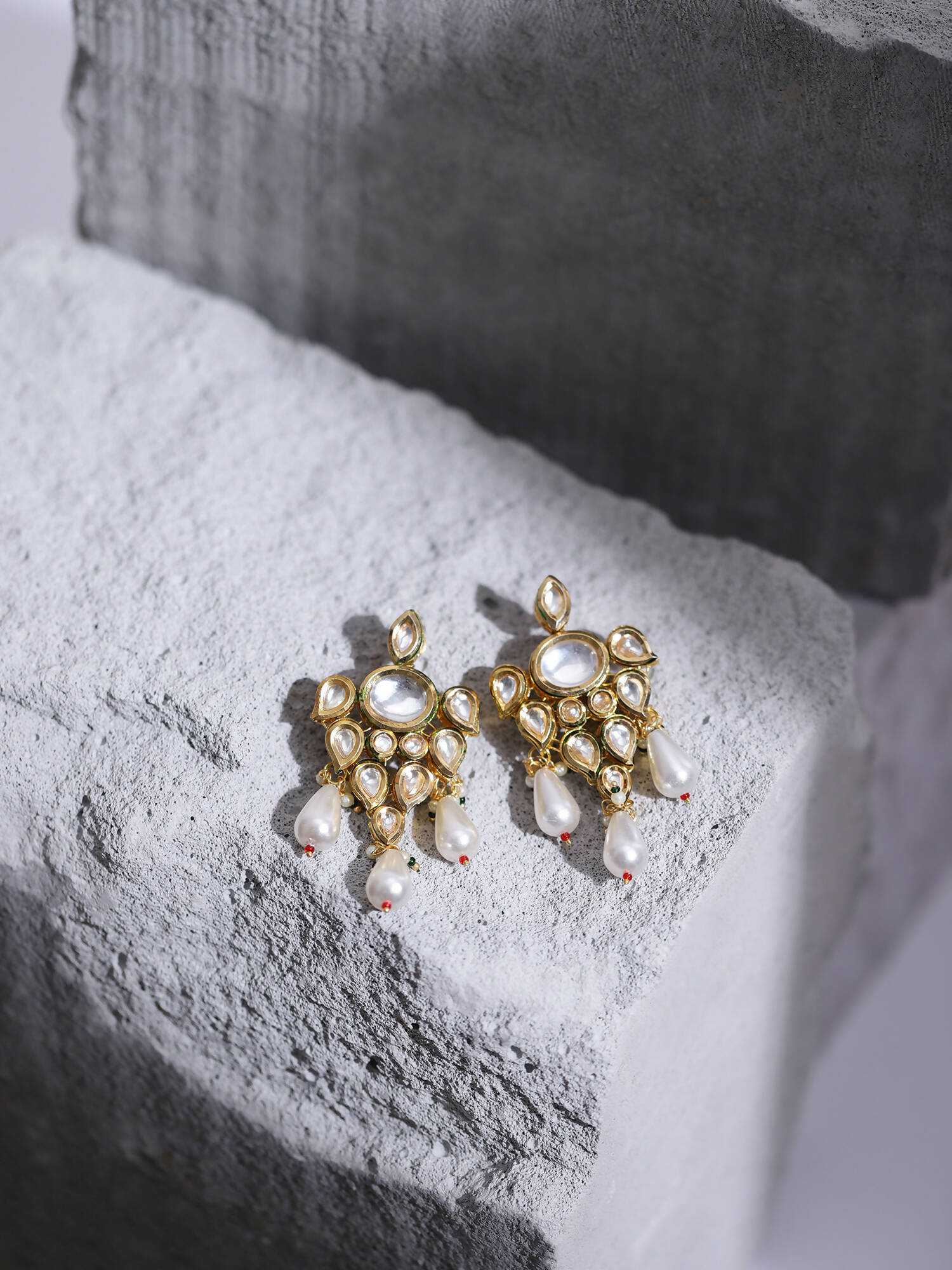 Gold-Toned White Contemporary Gold-Polished Drop Earrings - Ruby Raang