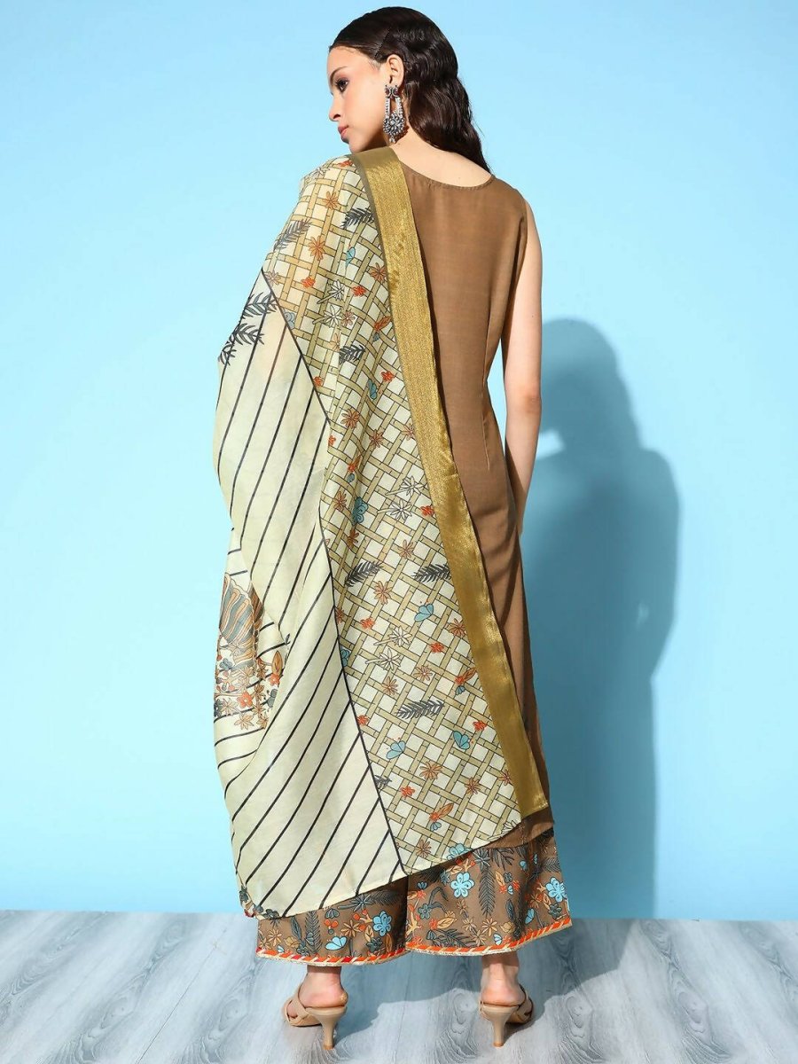 Ahalyaa Women's Brown Colour Cotton Blend Digital Printed Kurta Palazzo Set With Dupatta