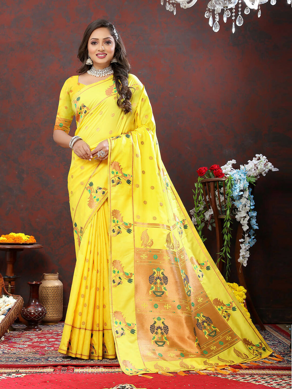 Lorenvalley Fashion Yellow Soft Paithani Silk Woven Design Copper Zari Meenakari Weaving Saree