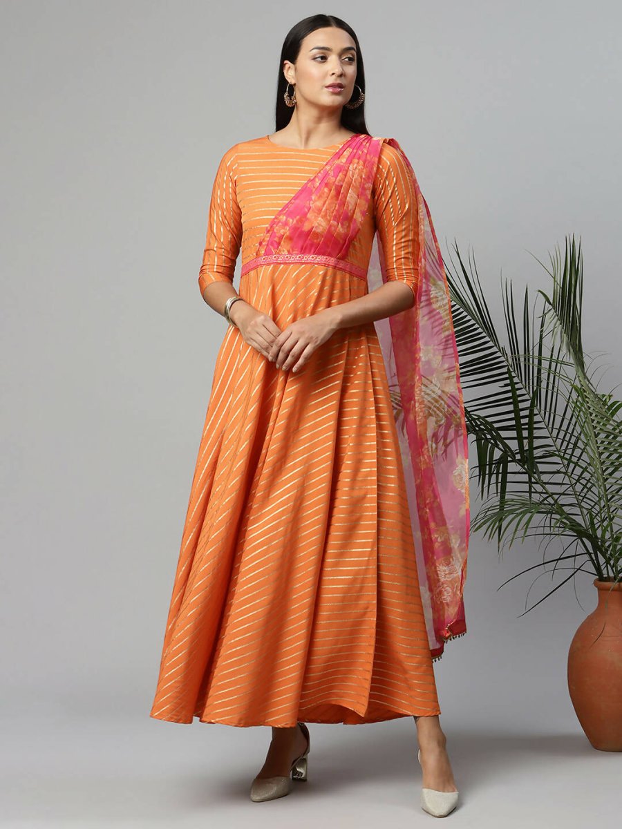 Ahalyaa Women's Orange Crepe Gold Print Dress