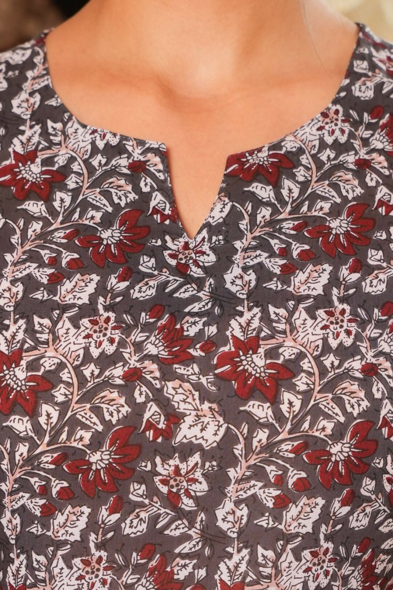 Aramya Straight Soft Cotton Floral Print Women's Kurta - Grey