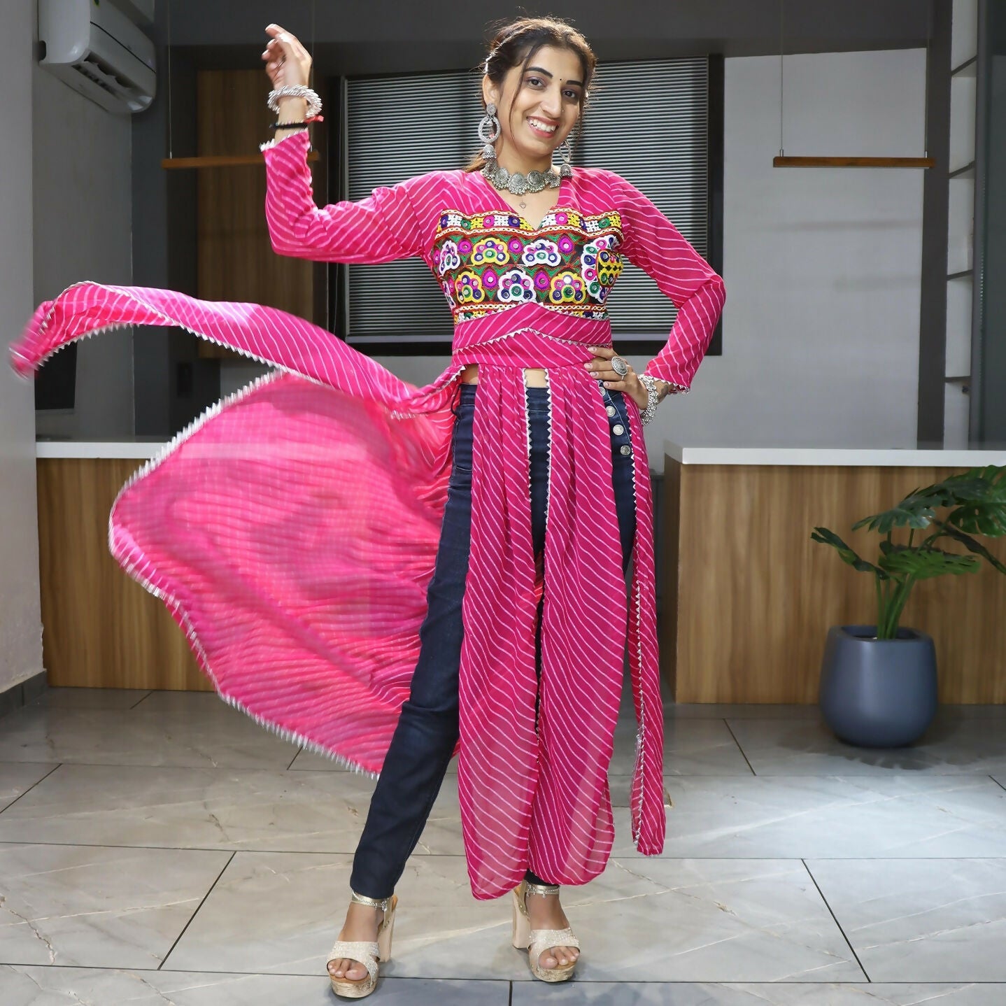 Vastranavya Pink Navratri Special Kutchi Work with Gota Patti & Mirror Work Kurti