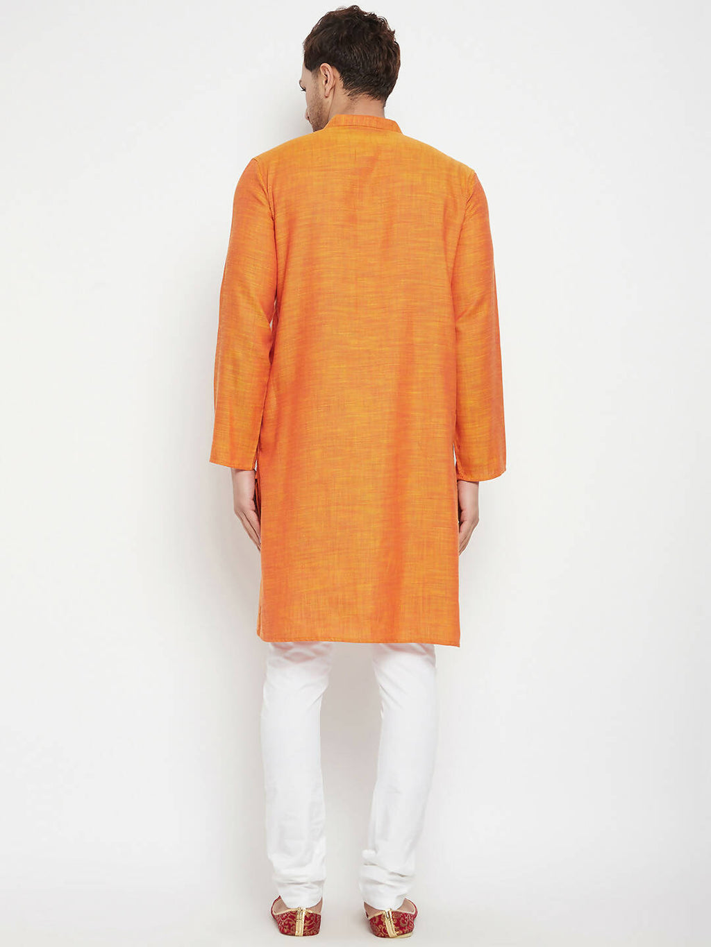 Even Apparels Orange Pure Cotton Long Men's Kurta With Band Collar