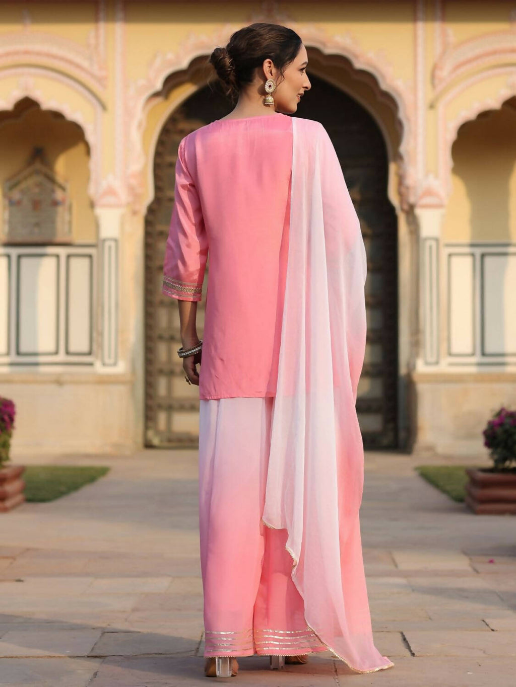 Juniper Women Pink Shantoon Embroidered Kurta, Palazzo and Dupatta Set