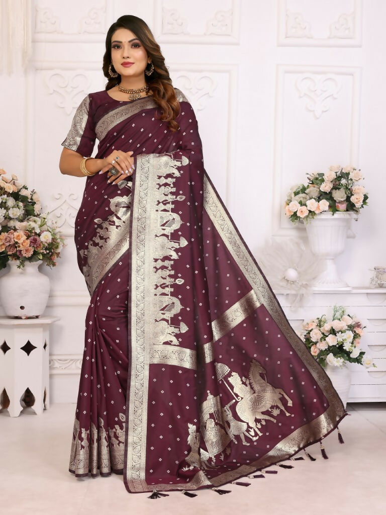 Anaita Dark Brown kochi Silk With Bandhej Weaving Saree With Blouse