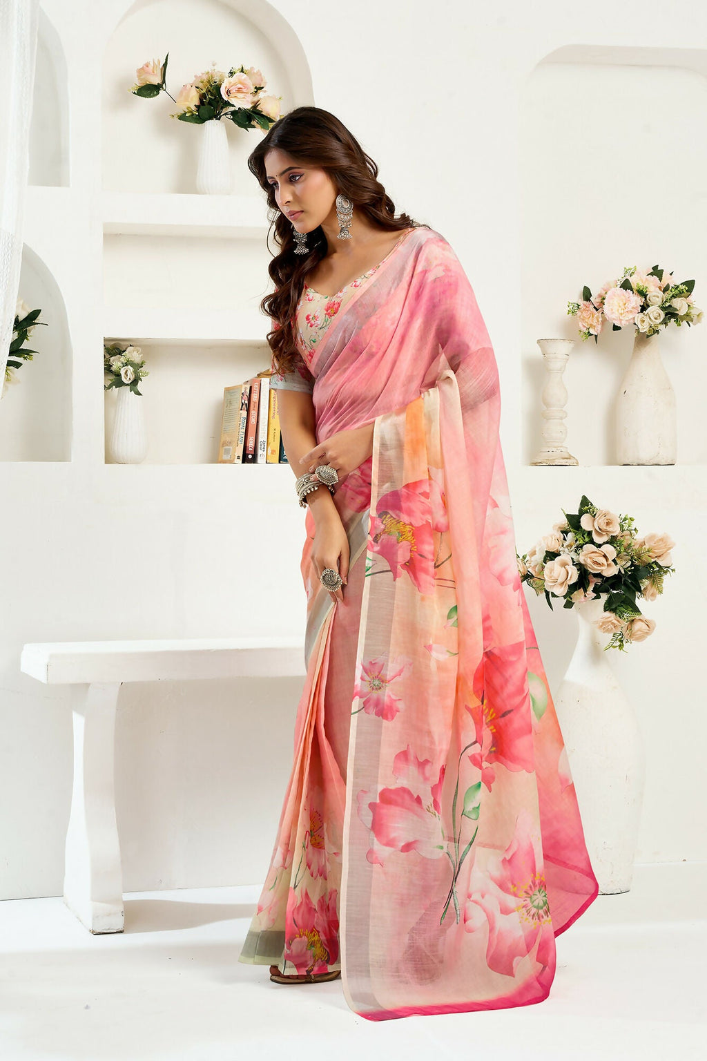 Vastranavya Peach Digital Printed Linen Ready To Wear Designer Saree with Unstitched Blouse