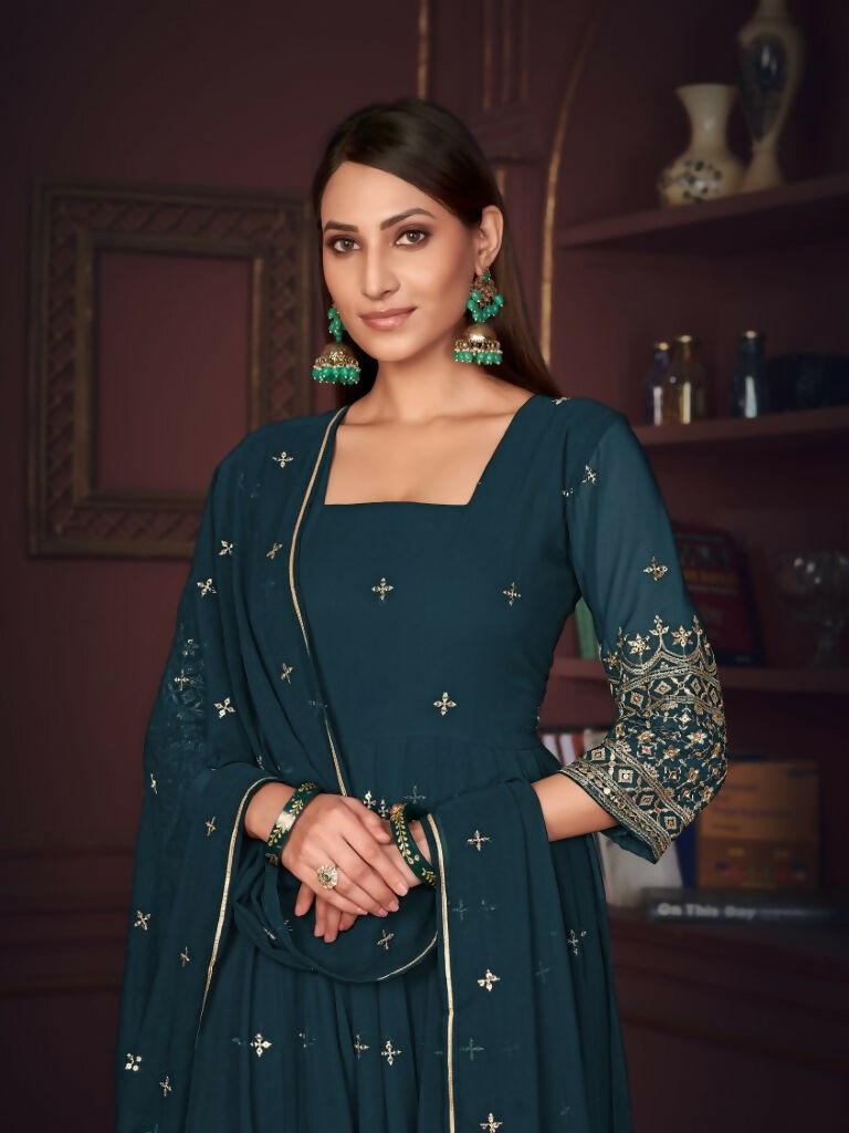 Jyoti Fashion Women's Rama Georgette Embroidered Anarkali Kurta Pant Set With Dupatta