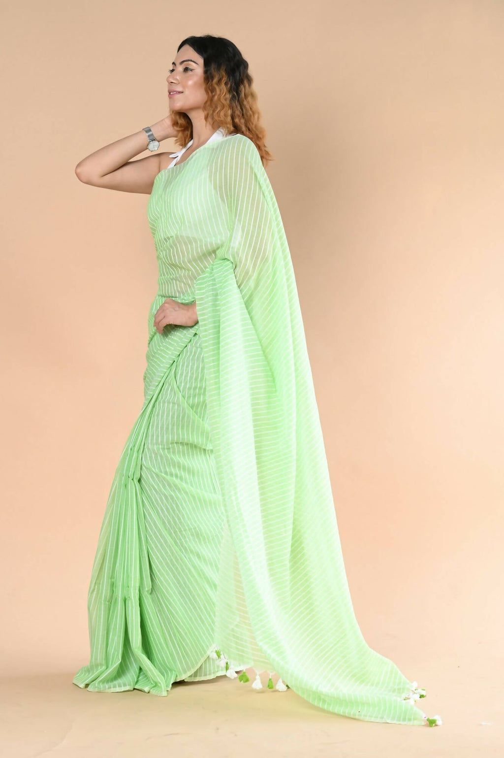 Very Much Indian Designer Pure Cotton Saree With All Over Linear Stripes - Fern Green