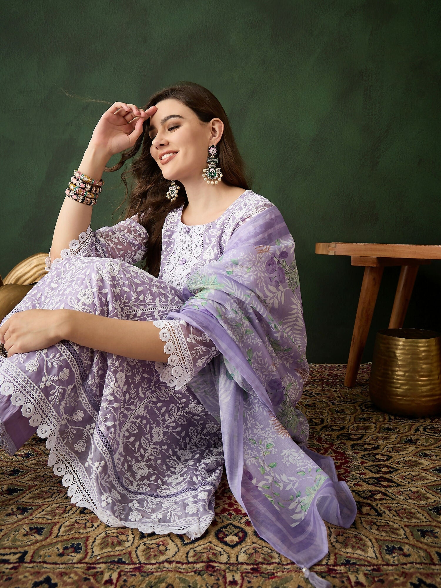 Lavender Crystal Organza schiffli embroidery Kurta With Trouser & Dupatta - Bhumi