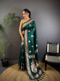 Joban Fashion Banarasi Deep Teal Woven Soft Silk Saree