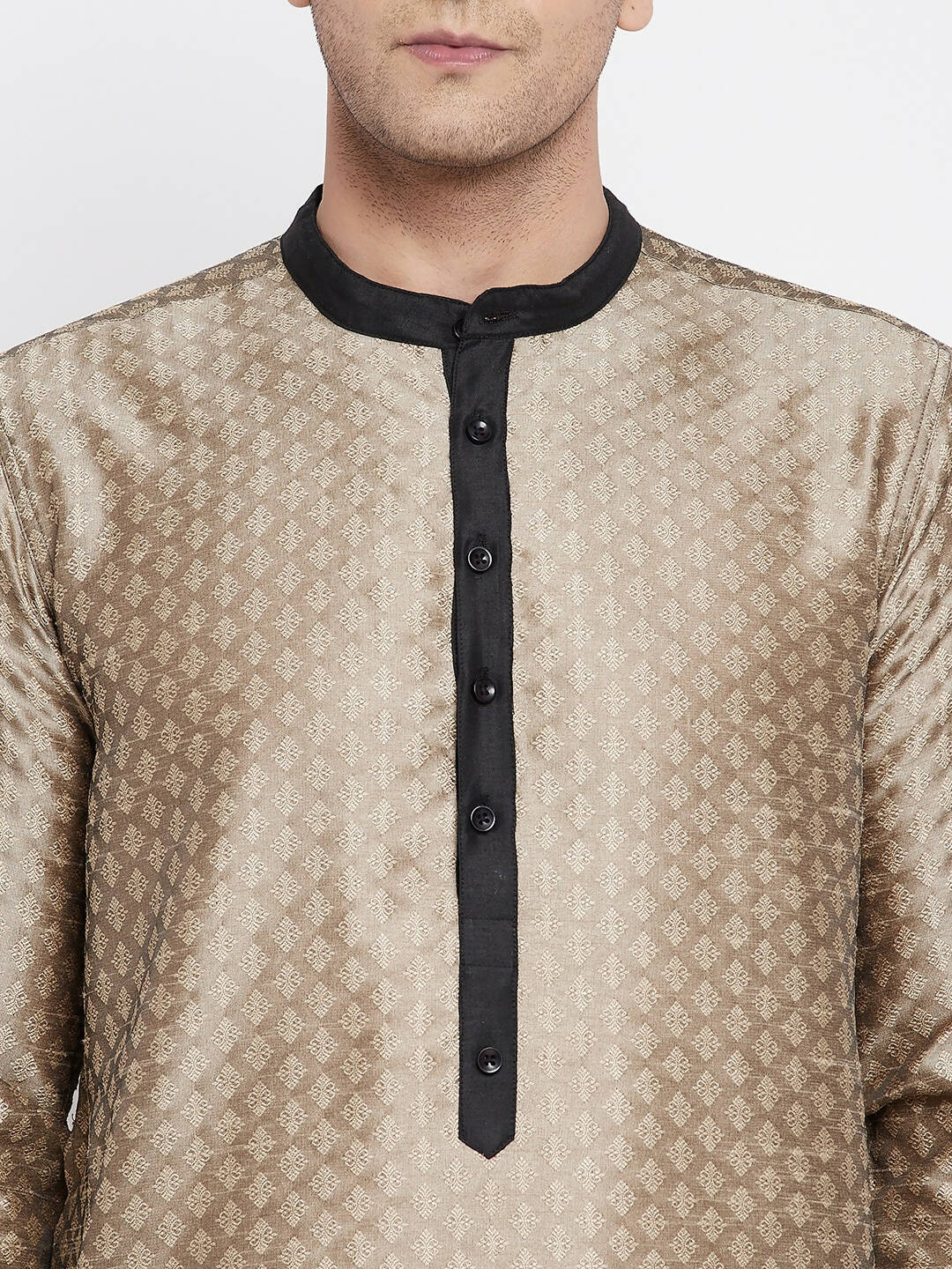 Even Apparels Beige Art Silk Men's Kurta With Contrast Collar And Placket