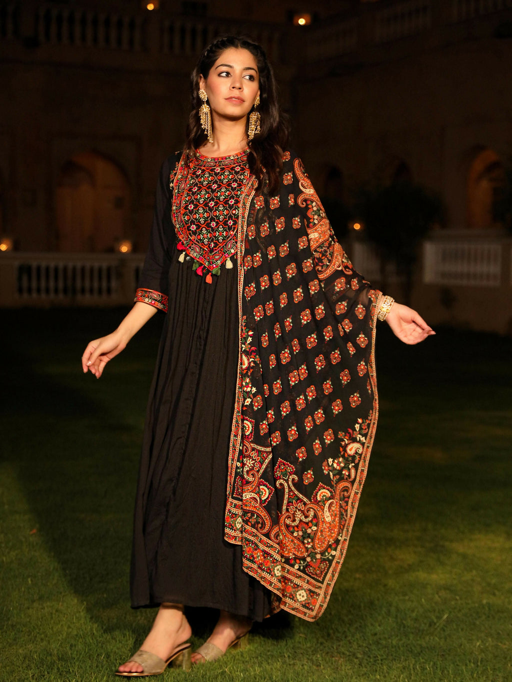Juniper Women's Black Thread Embroidered Cotton Dress & Dupatta With Tassels & Mirror Work
