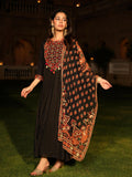 Juniper Women's Black Thread Embroidered Cotton Dress & Dupatta With Tassels & Mirror Work