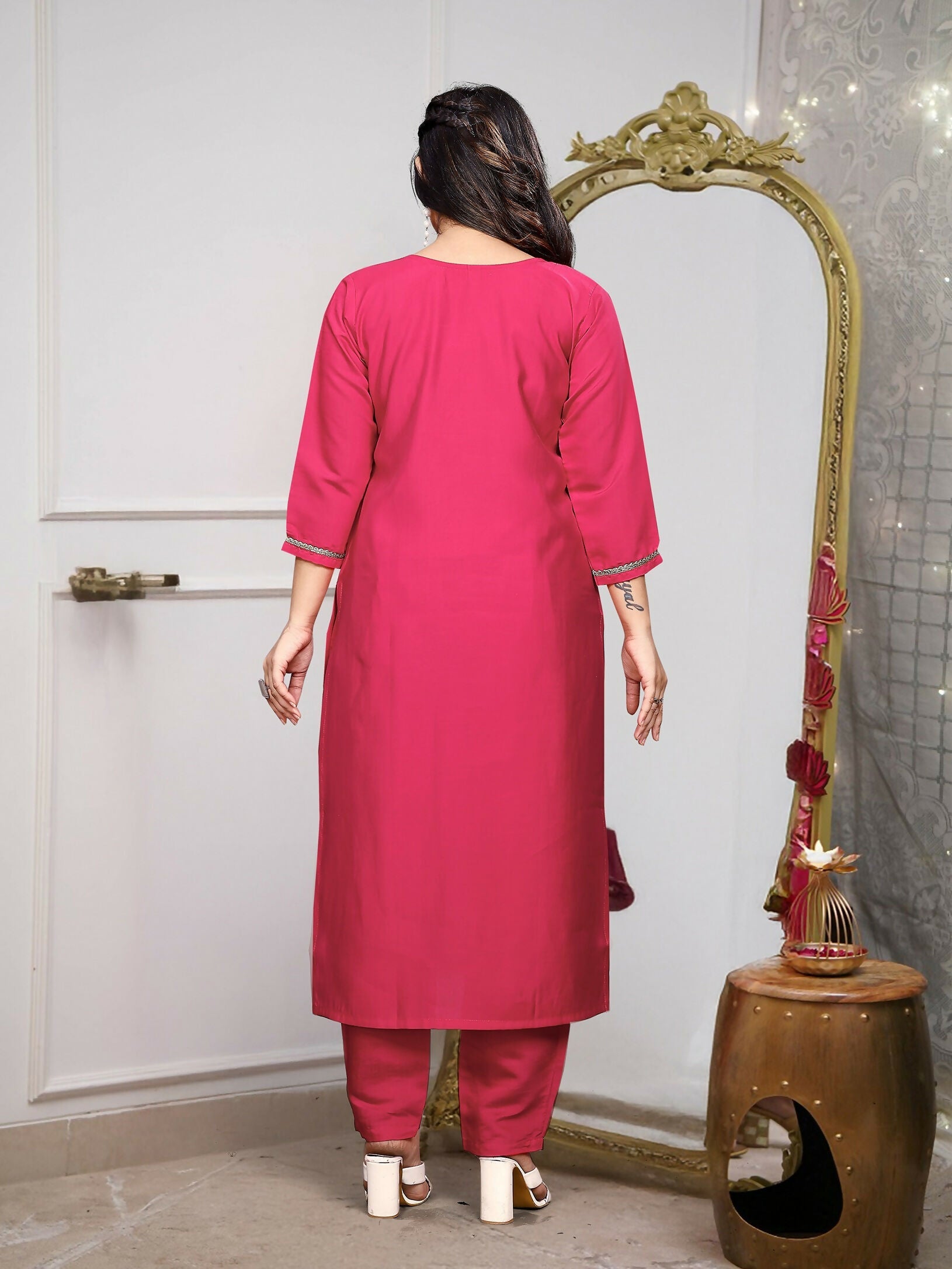 The52 Gajri Women's Gorgeous Embroidered Viscose Chanderi Fabric Straight Kurta Pant with Dupatta Set