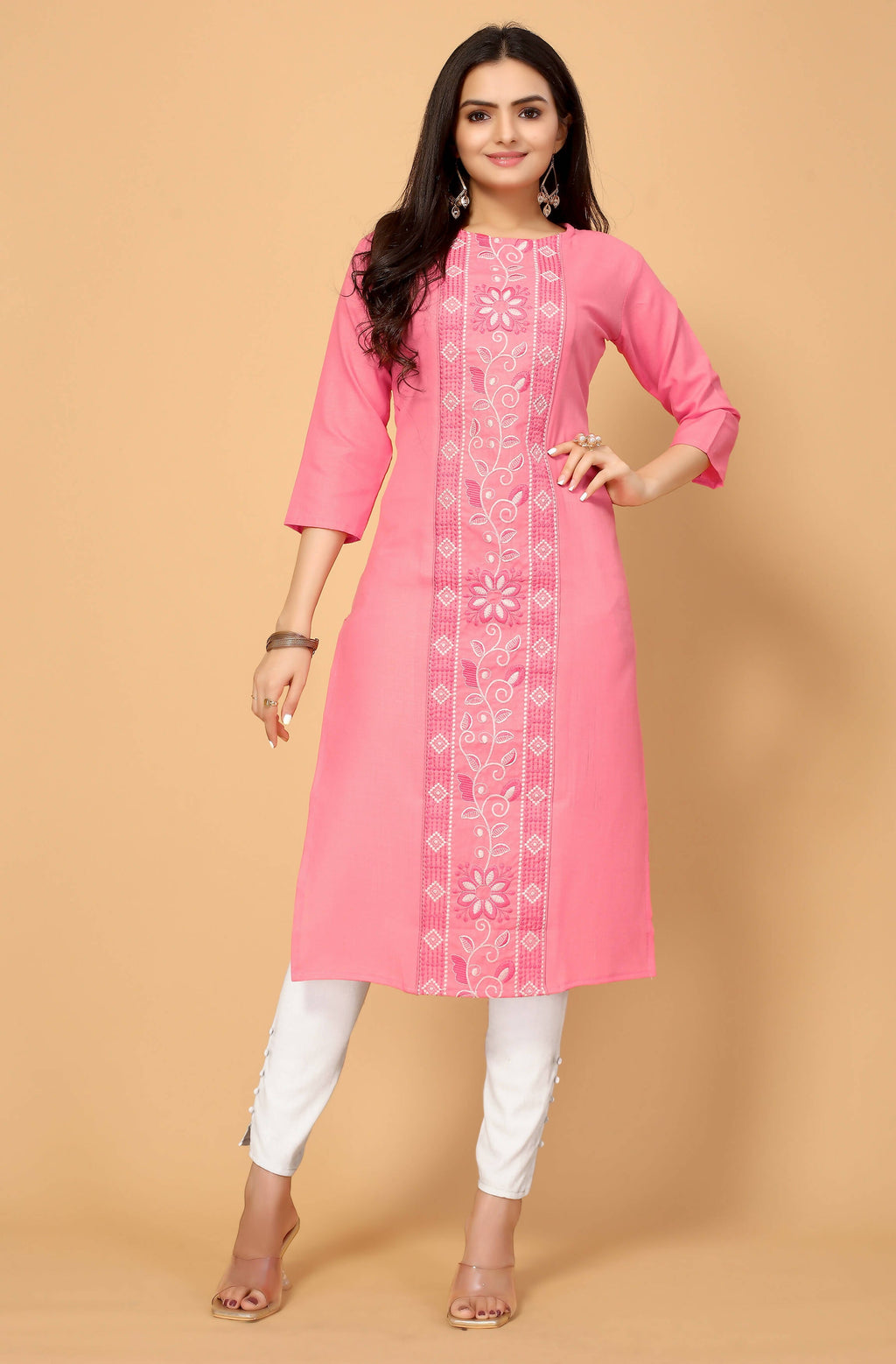 Light Pink Cottan Slub Embroidery Kurti - Umi