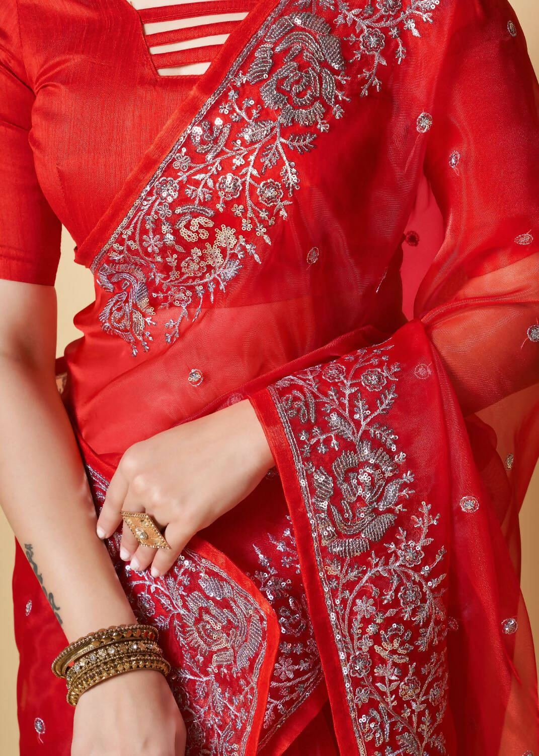 Vamsee Red Organza Saree