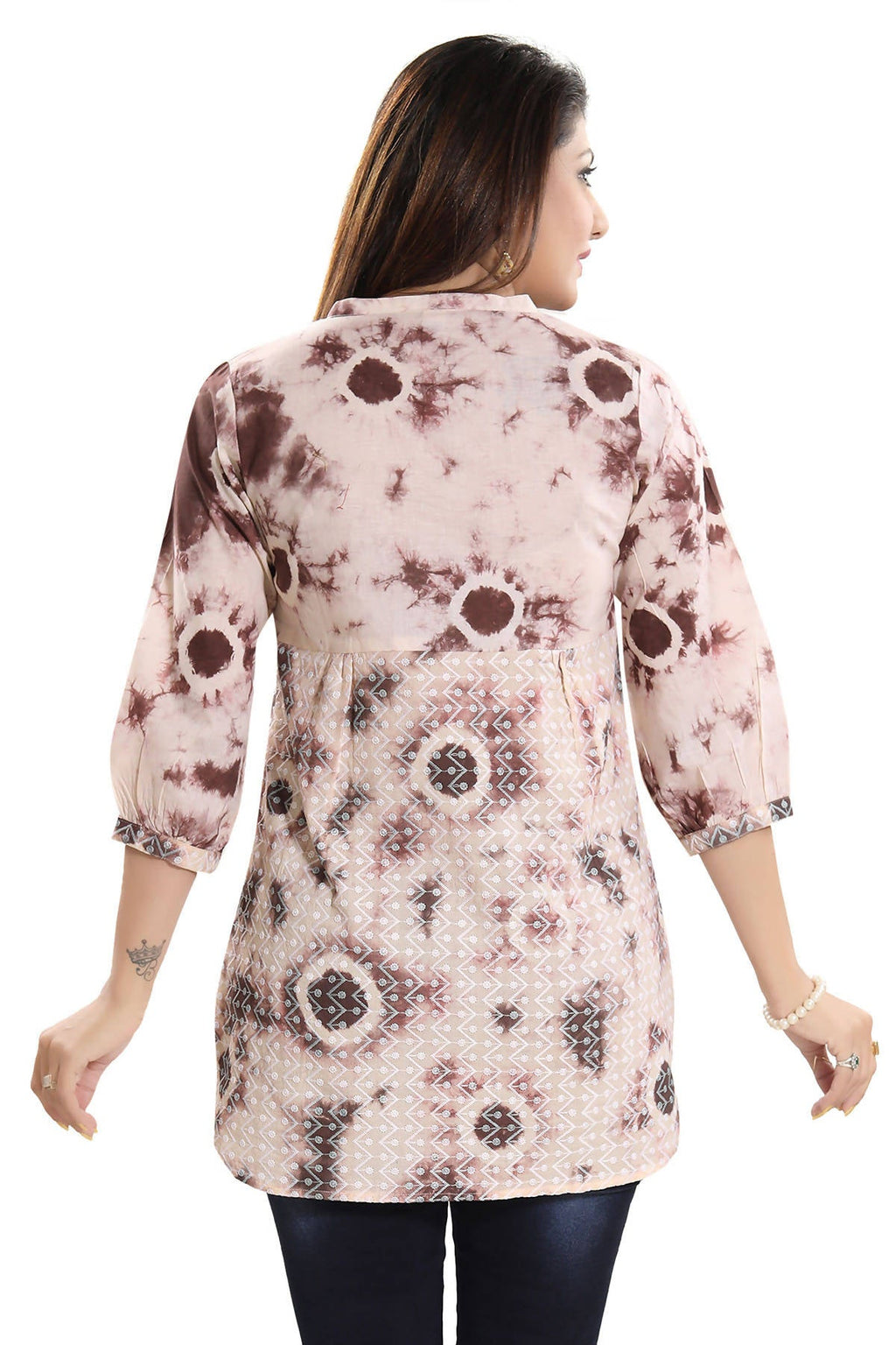 Snehal Creations Bold Beige Cotton Chikan Short Kurti Top With Batik Printing