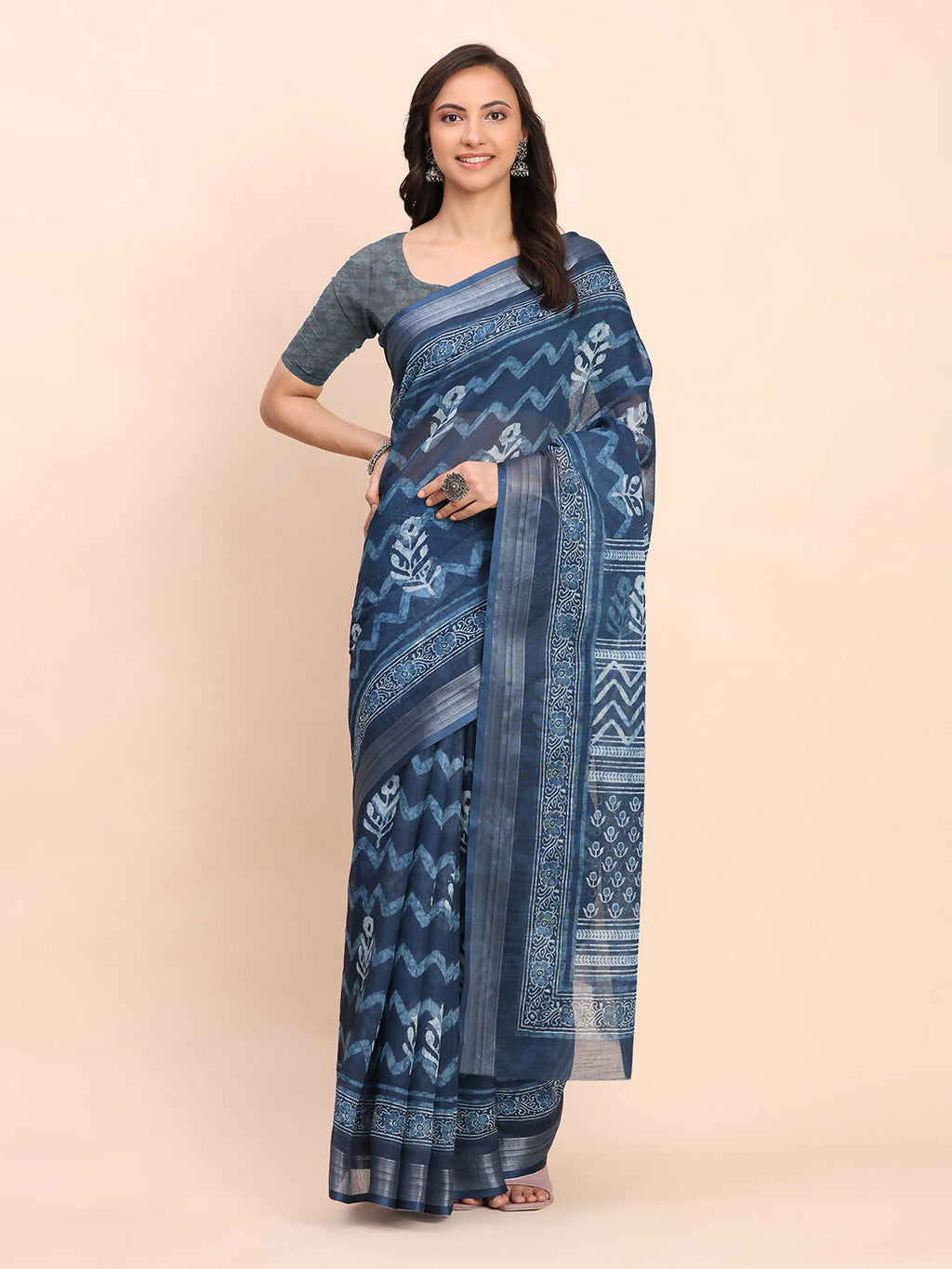 Shree Shyam Fashion Linen Cotton Indigo Blue Saree